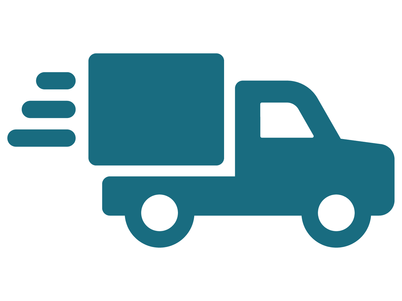A teal-colored icon of a delivery truck in motion on a white background.