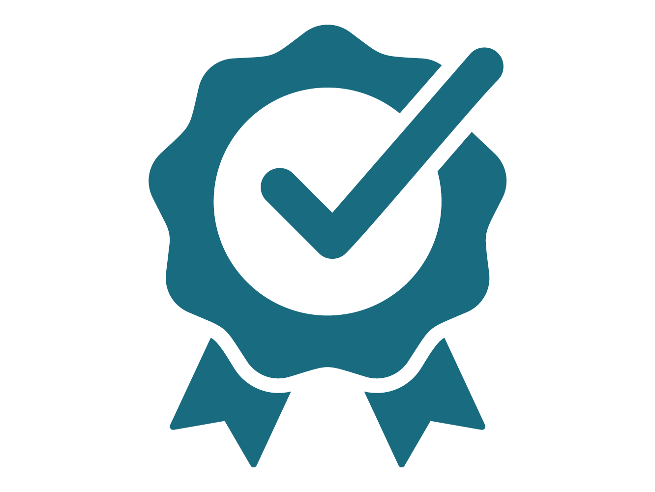 A teal-colored ribbon seal icon with a white checkmark in the center on a white background.
