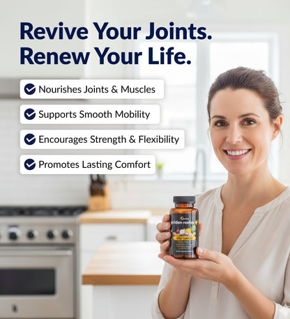 Woman holding a supplement bottle with joint health benefits listed.