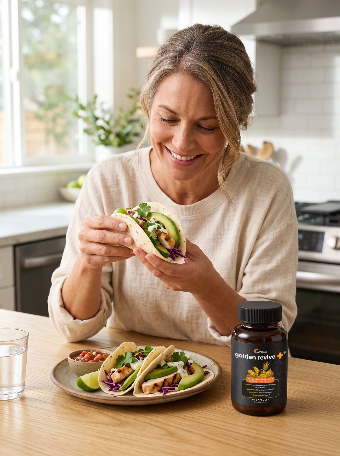 A person eats a bowl of oatmeal with fruit, next to a coffee and a bottle of supplements.
